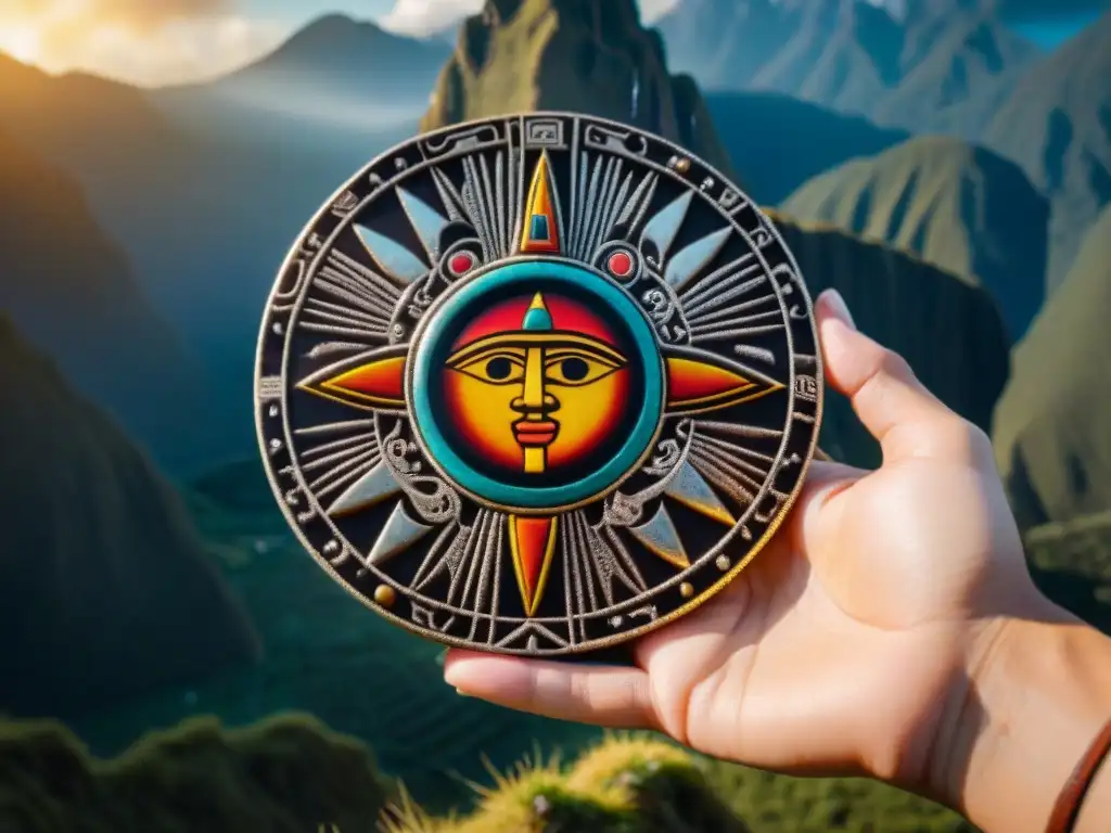 Detalle del Disco Solar Inca: misterio y simbolismo del imperio, con los Andes de fondo