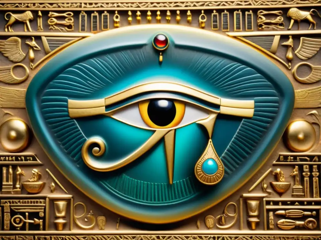 Detalle dorado del 'Amuleto de la vida eterna' del Antiguo Egipto con el Ojo de Horus y jeroglíficos, reflejando artesanía y creencias