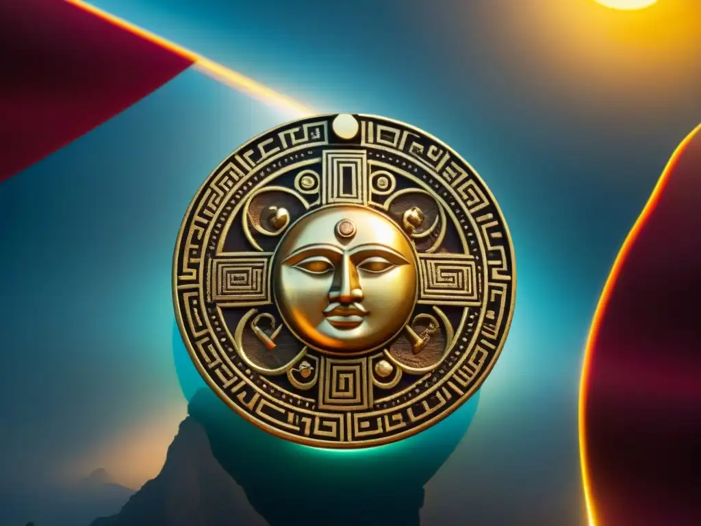 Detalle dorado del Disco Solar Inca, símbolo de misterio y cultura del imperio