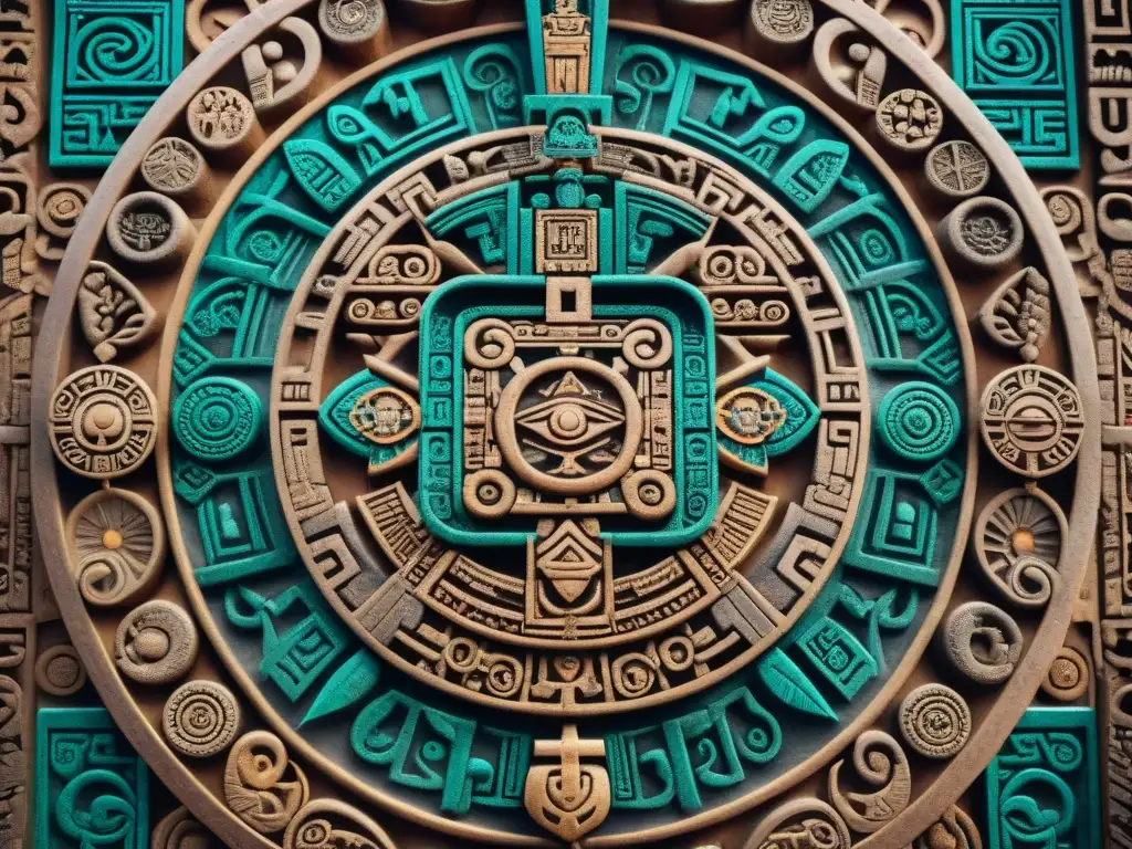 Detalle del elaborado tallado en piedra del Calendario Azteca, simbolizando el significado del destino y los ciclos del tiempo