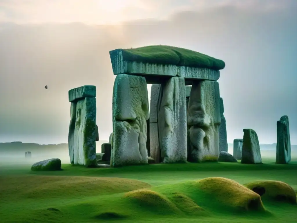 Detalle de las enigmáticas inscripciones en una piedra de Stonehenge, resaltando su textura antigua y misteriosa