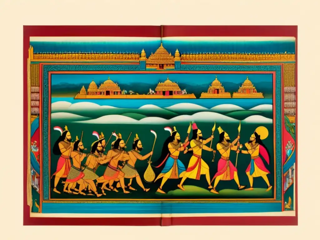 Detalle épico de manuscrito antiguo indio del Mahabharata y Ramayana, con colores vibrantes y escenas divinas