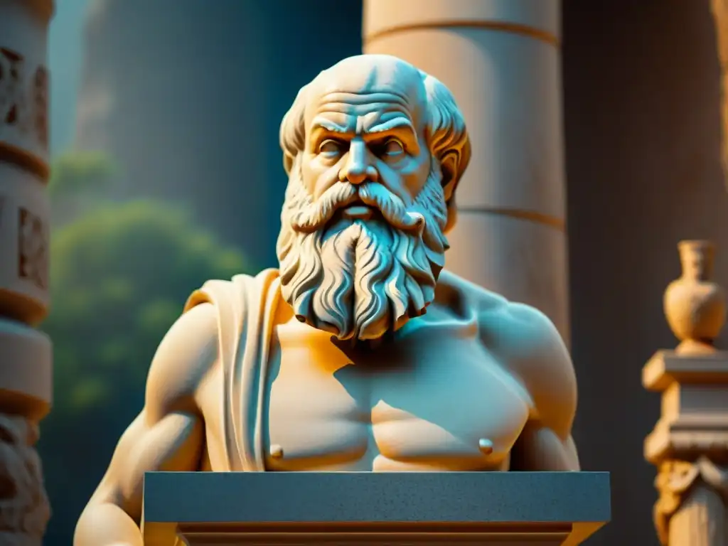 Detalle de escultura de piedra de Sócrates, iluminada por luz natural, con ruinas antiguas de fondo