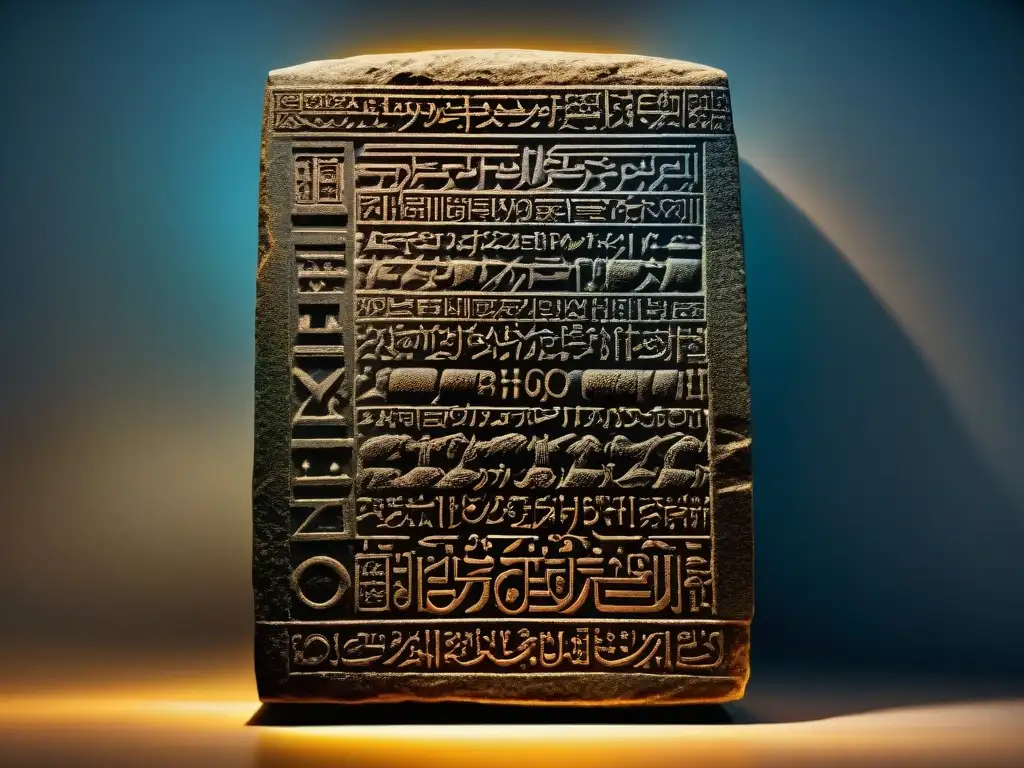 Detalle de la estela de Hammurabi con misteriosas leyes de justicia babilónica en cuneiforme