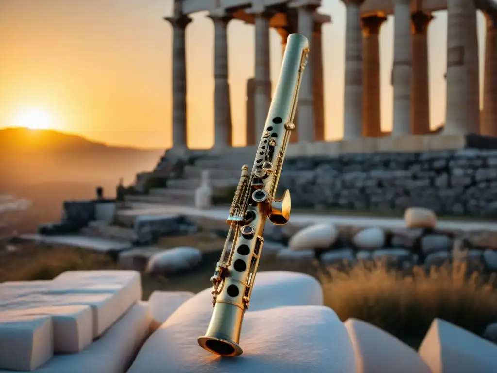 Detalle excepcional de aulos griego antiguo tallado, sobre ruinas al atardecer