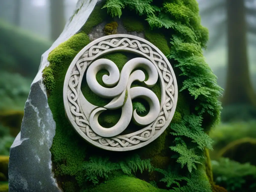 Detalle excepcional de un triskelion celta esculpido en piedra, rodeado de musgo verde en un bosque irlandés brumoso