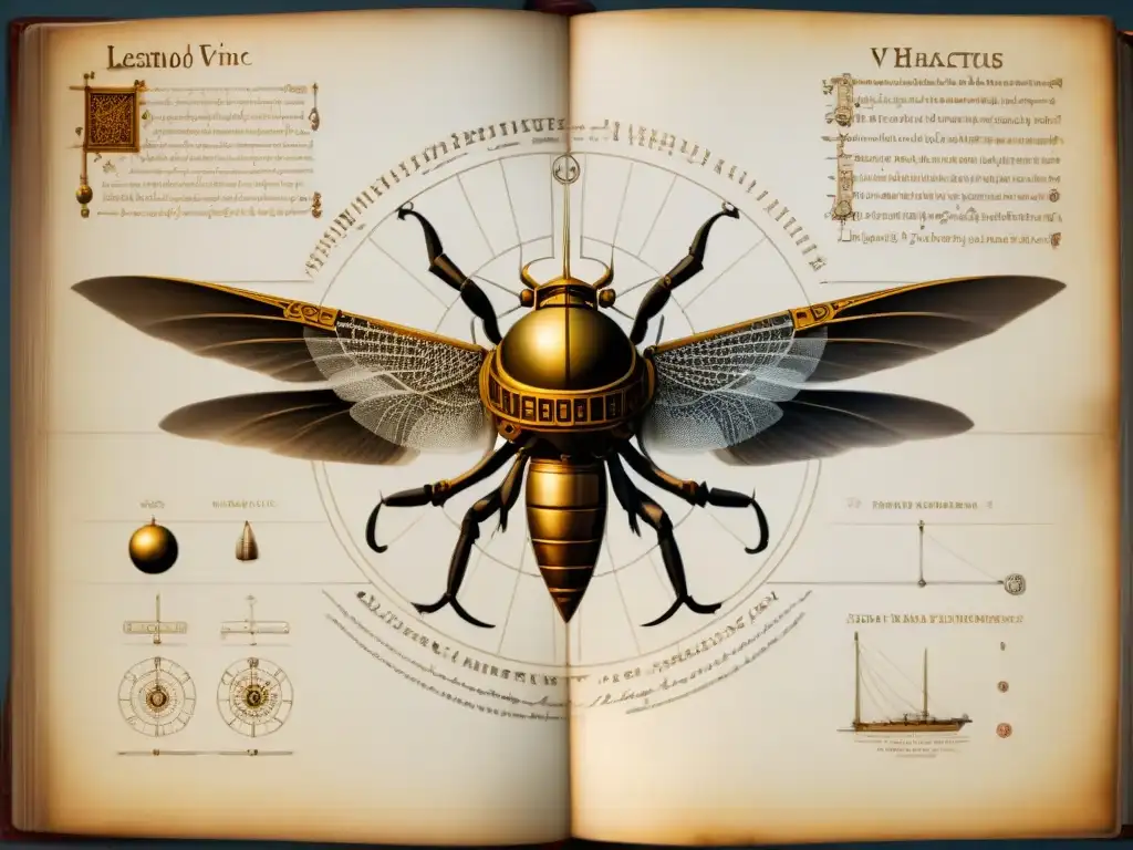 Detalle excepcional de los Códices de Leonardo da Vinci, revelando intrincados inventos y esbozos