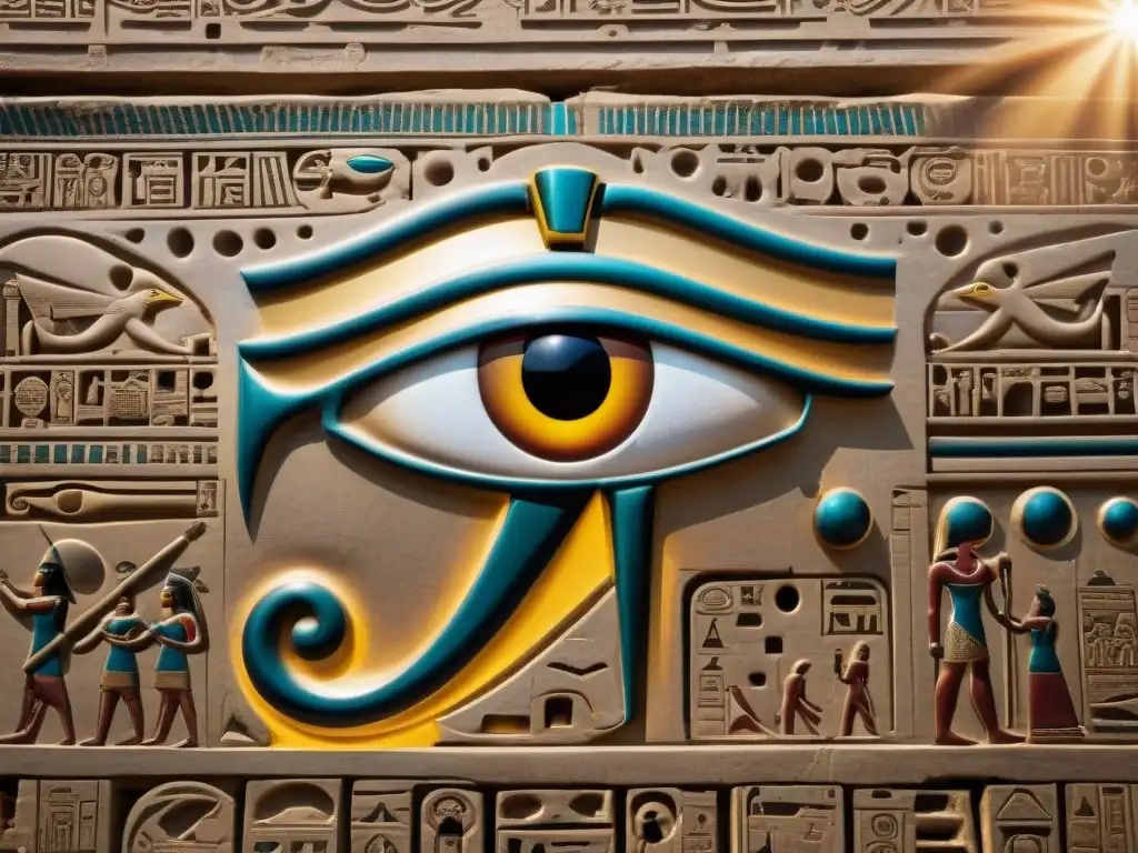 Detalle excepcional del Ojo de Horus tallado en una pared de templo egipcio antiguo