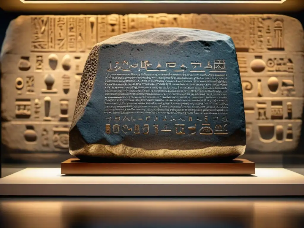 Detalle excepcional de la Piedra de Rosetta con inscripciones en hieroglifos egipcios, escritura demótica y griego antiguo, iluminada en un museo