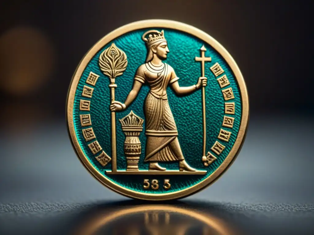 Detalle excepcional de una rara moneda antigua, mostrando su belleza y significado cultural en un fondo de terciopelo oscuro