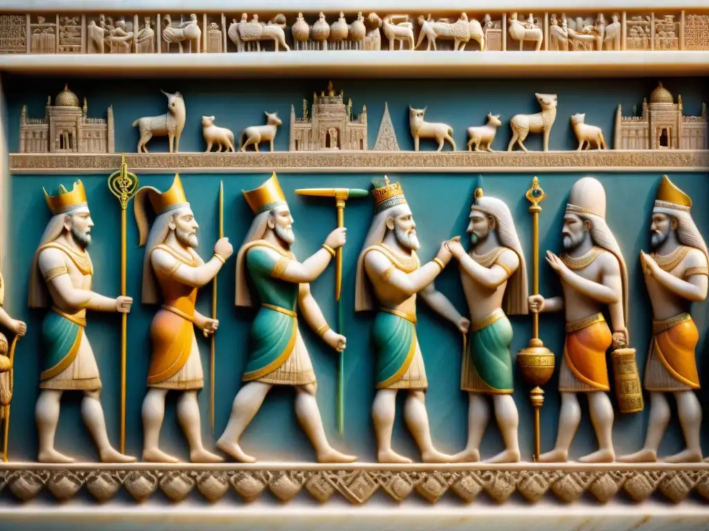 Relieve de mármol: rey ante jueces en Mesopotamia antigua Detalle excepcional de un relieve de mármol: rey ante jueces, ilustrando responsabilidad moral en la antigüedad
