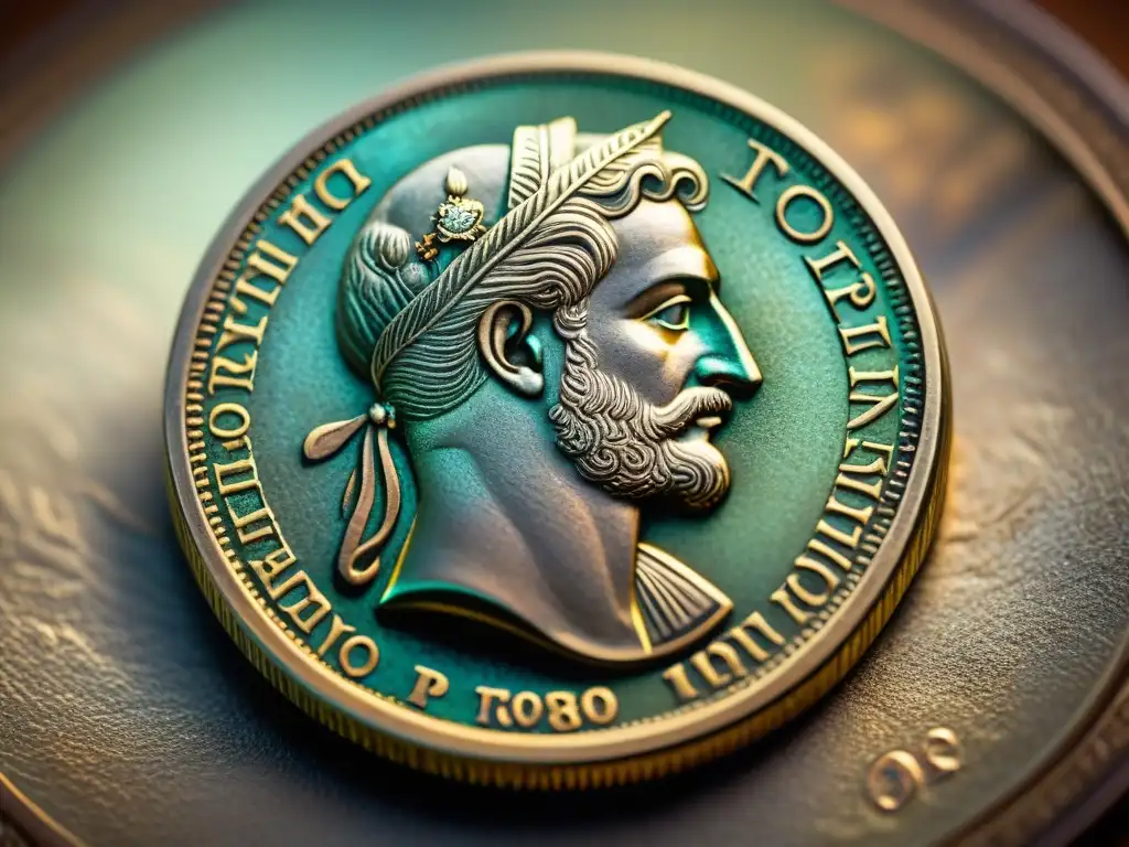 Detalle exquisito de una antigua moneda con figuras mitológicas y símbolos