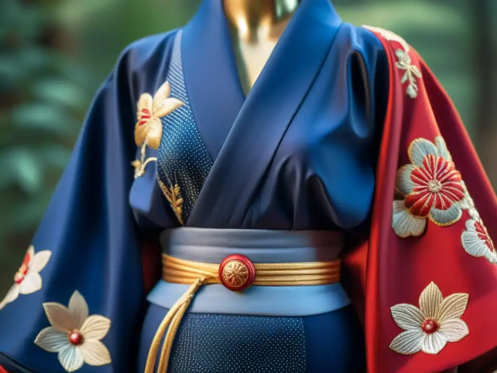 Detalle exquisito de un kimono japonés tradicional en tonos índigo, carmesí y oro