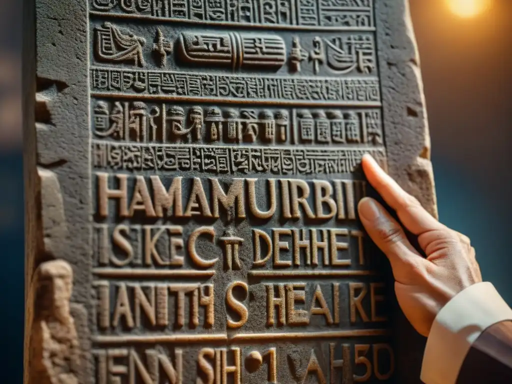 Detalle extraordinario del Código de Hammurabi en cuneiforme en estela de piedra, mostrando su antigüedad y la importancia histórica del documento