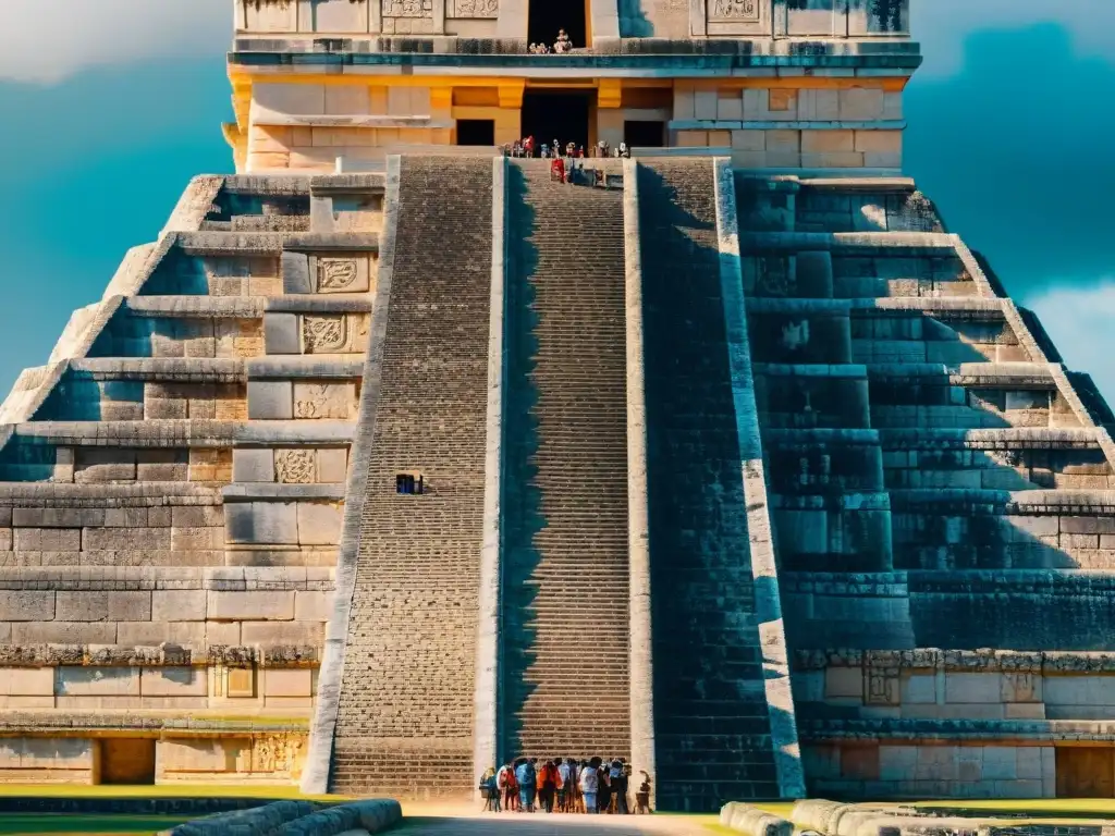 Detalle extraordinario de la geometría sagrada en la fachada del antiguo Templo de Kukulcán en Chichén Itzá, México