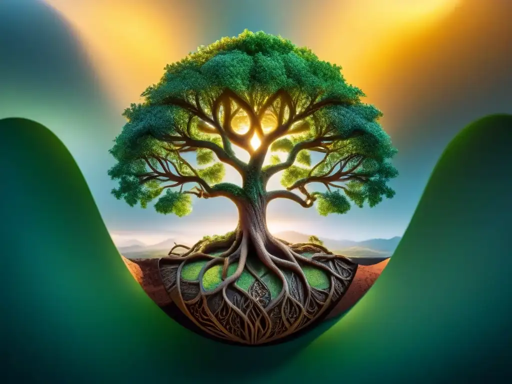 Detalle fascinante del Árbol de la Vida, mostrando sus ramas y hojas con símbolos