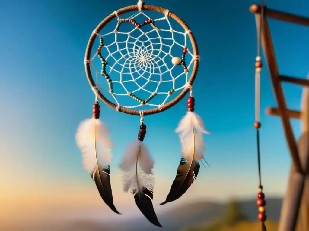 Detalle fascinante de un atrapasueños nativo americano resaltando cada hilo, cuenta y pluma, con luz matinal suave