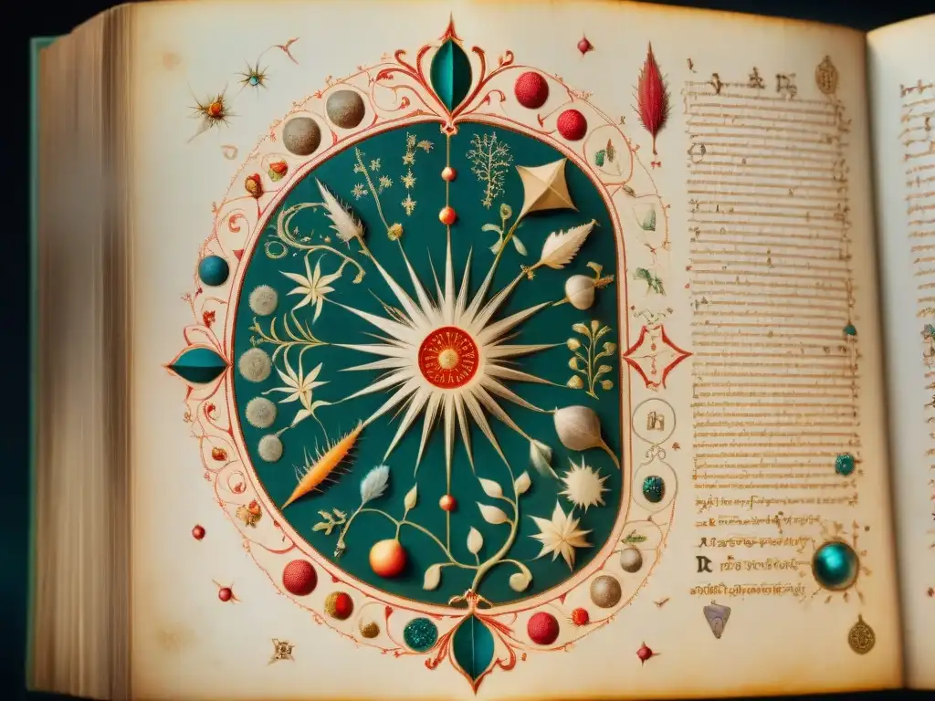 Detalle fascinante del enigmático Manuscrito Voynich, revelando secretos de civilizaciones antiguas en colores vibrantes