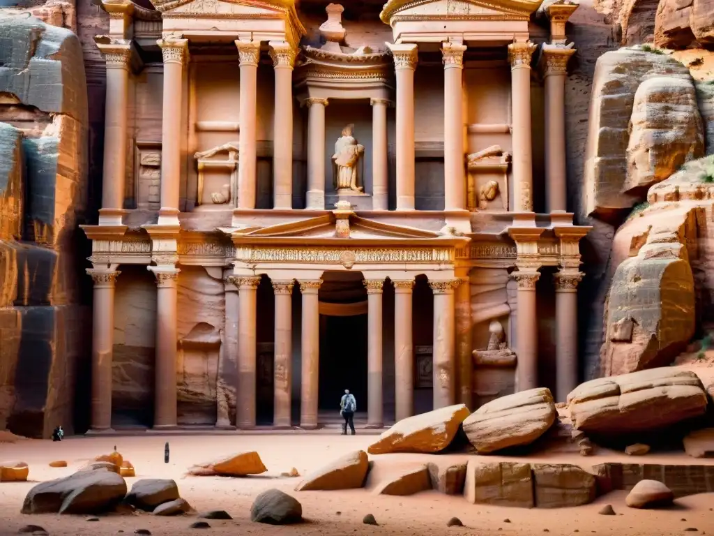 Detalle fascinante de la fachada del Tesoro en Petra, Jordania, revelando los secretos de esta Ciudad Perdida Petra