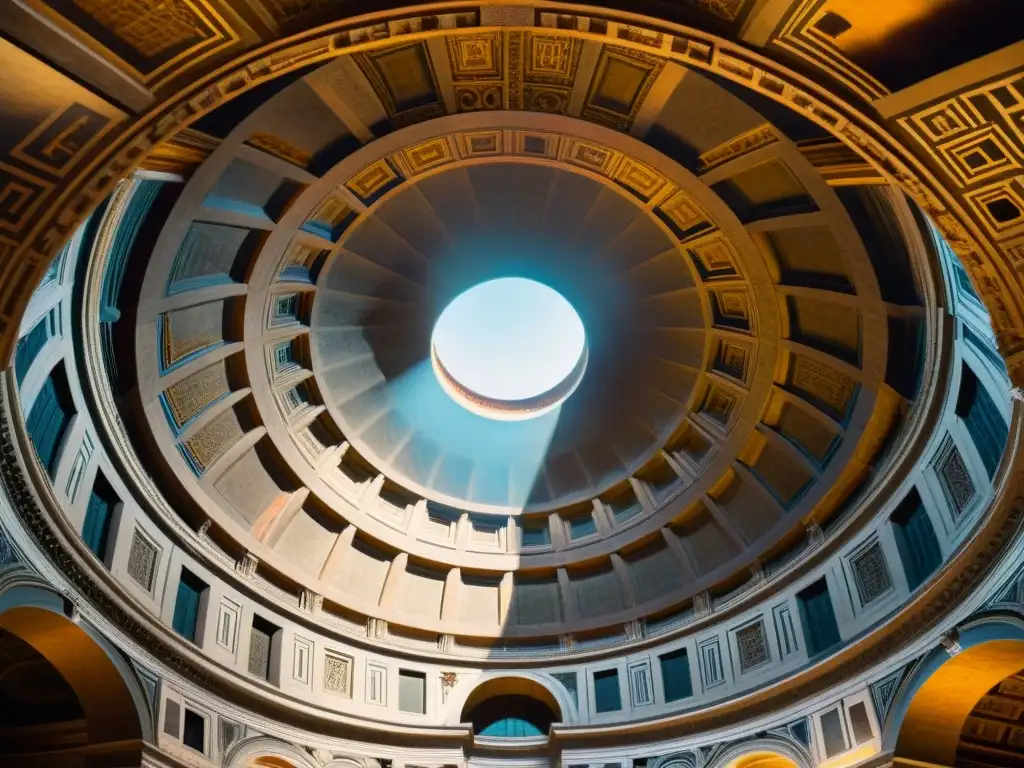 Detalle fascinante de la Geometría Sagrada en Arquitectura Antigua en el techo del Panteón de Roma, con juego de luces y sombras