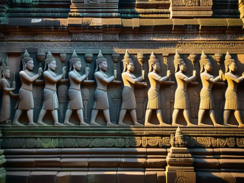 Detalle fascinante de las intrincadas tallas de piedra en Angkor Wat, revelando los misterios del templo antiguo