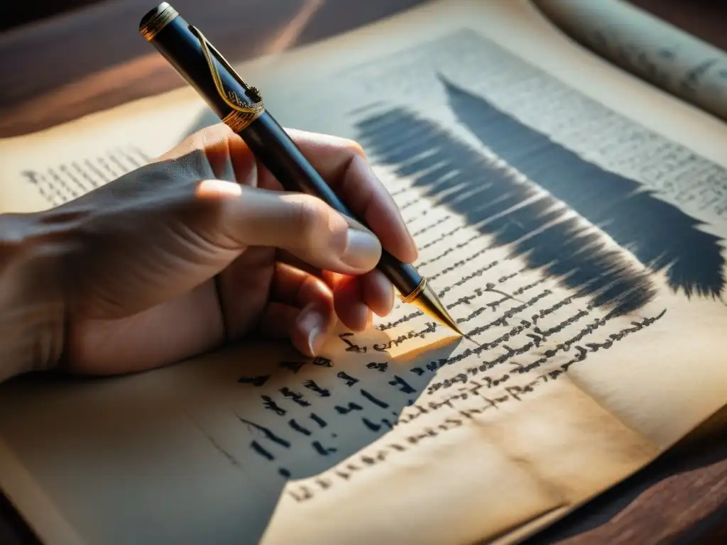 Maestría ancestral: Detalle de caligrafía con pluma sobre pergamino Detalle fascinante: mano de calígrafo sostiene pluma sobre pergamino antiguo, preservación escritura antigua historia