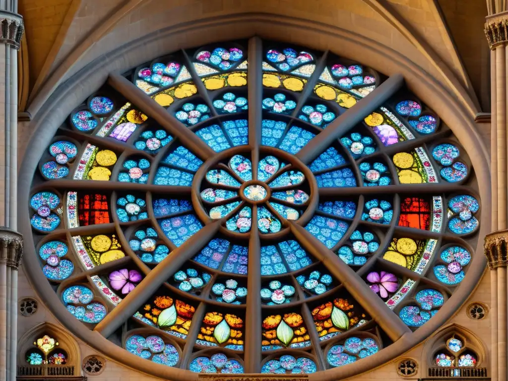 Detalle fascinante de la rosa de Notre Dame en París, con Geometría Sagrada Arquitectura Gótica