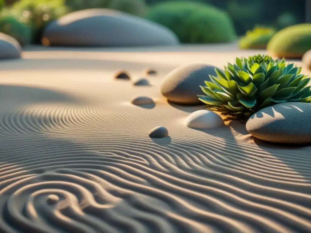 Detalle fascinante de jardines zen para meditación: patrones en arena blanca, rocas y vegetación, iluminados por la suave luz de la tarde