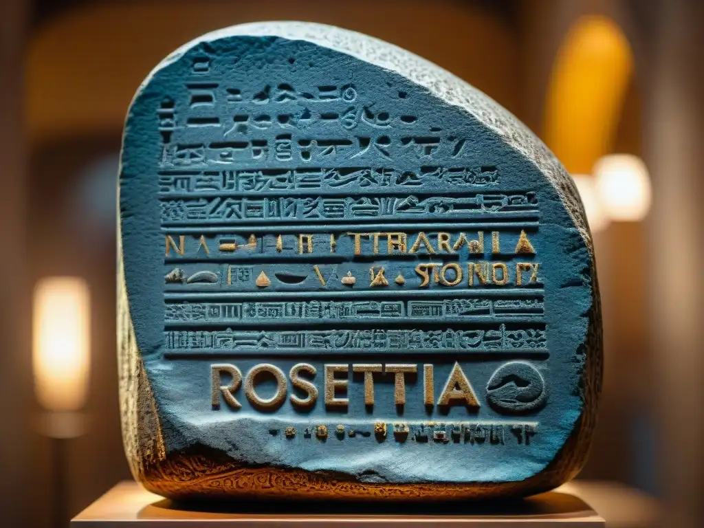 Detalle fascinante de la Piedra de Rosetta, con inscripciones intrincadas y textura desgastada, iluminada en un suave ambiente de museo