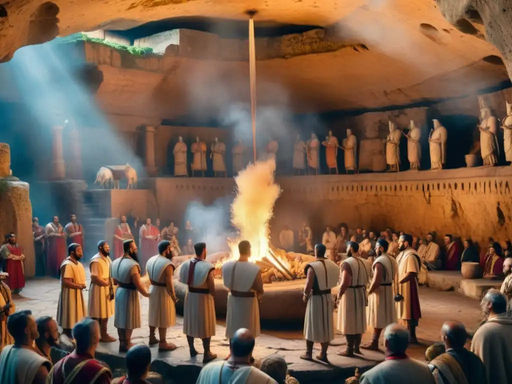 Detalle del festival de Lupercalia en la antigua Roma: sacerdotes con pieles de animales, rituales de purificación y fertilidad en la cueva Lupercal