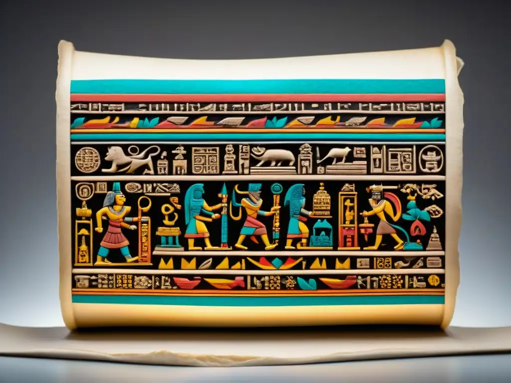 Fragmento de Códice Maya: Detalles y colores vibrantes Detalle de un fragmento de códice maya con intrincados jeroglíficos y colores vibrantes bajo luz tenue de museo