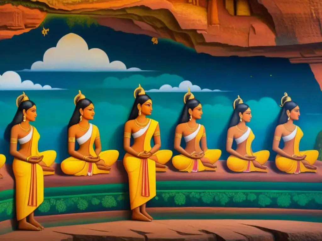 Detalle de los frescos del Palacio en las nubes Sigiriya con las doncellas celestiales y su belleza cautivadora