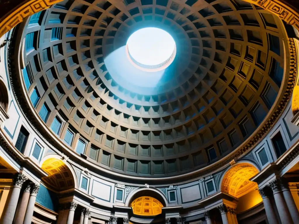 Detalle geométrico de la cúpula del Panteón en Roma, con juego de luces y sombras