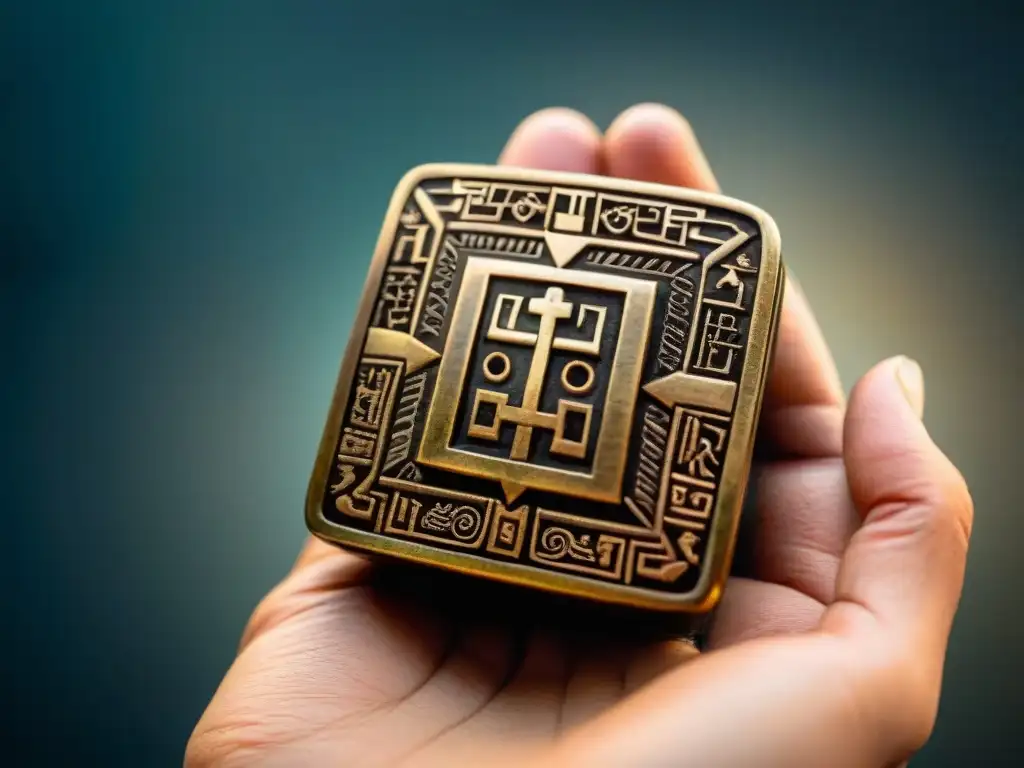 Detalle de una herramienta médica inca de bronce, resaltando sus grabados y artesanía