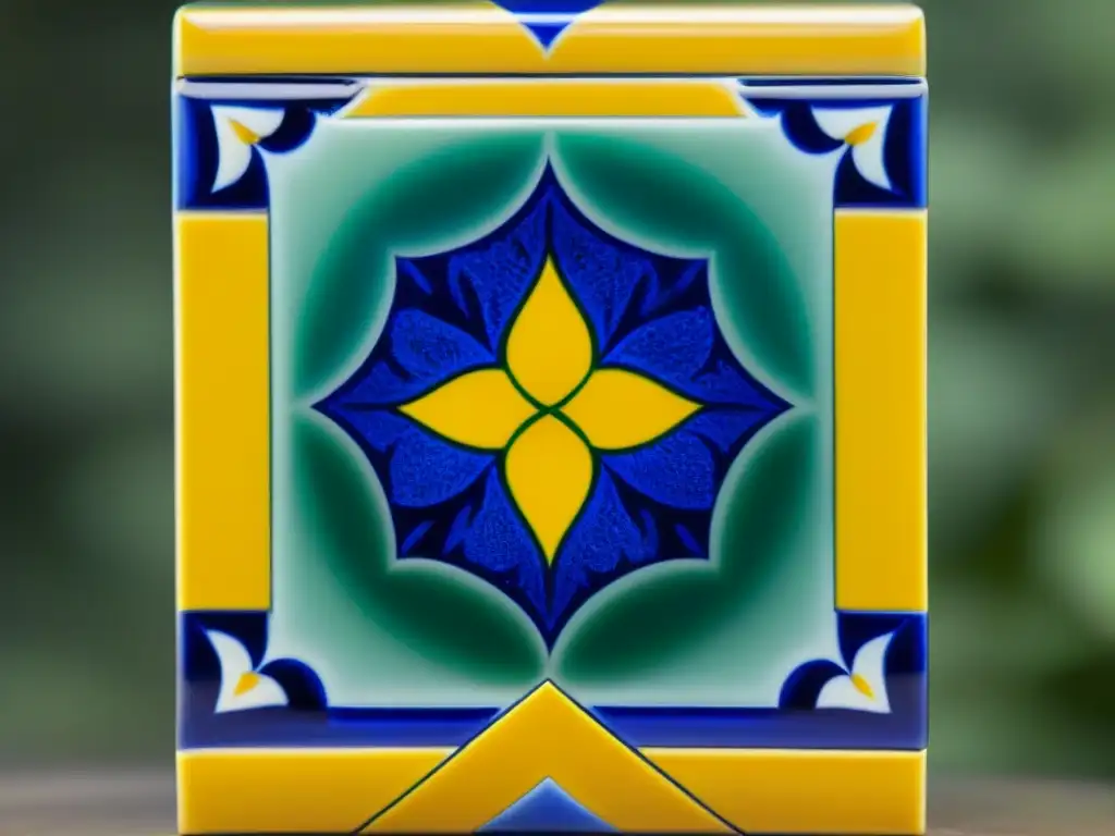 Detalle hipnótico de azulejo morisco brillante con diseño geométrico y motivos florales en azul, verde y amarillo