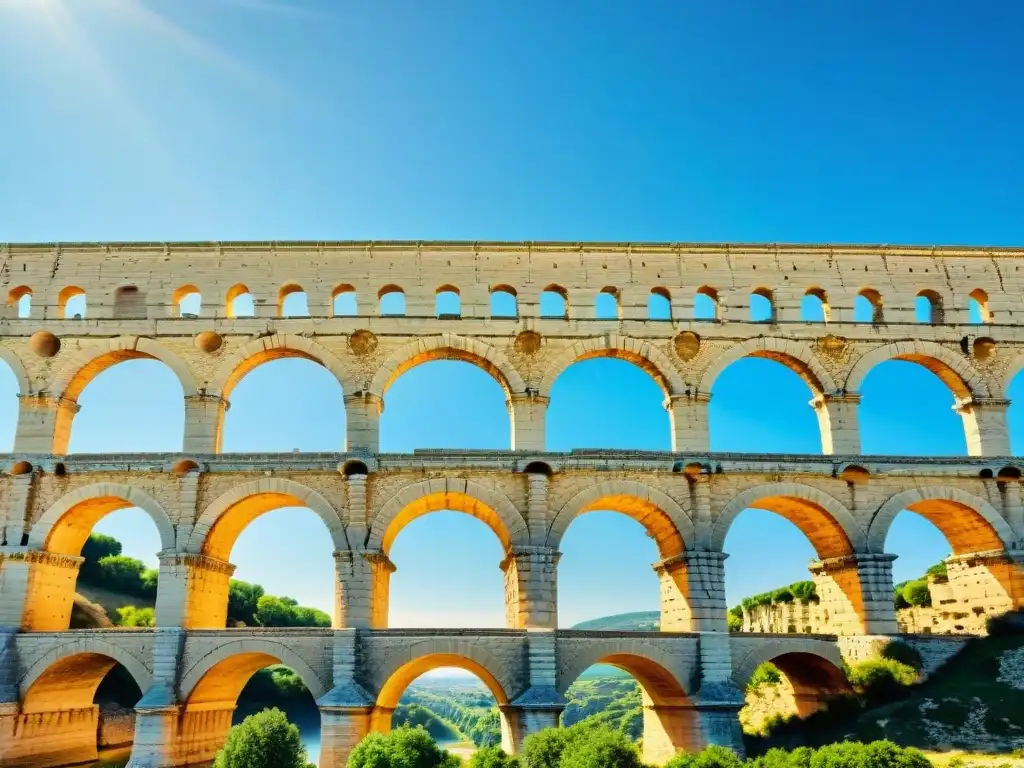 Detalle impresionante del Acueducto de Pont du Gard en Francia, muestra la grandiosidad de la ingeniería hidráulica antigua romana