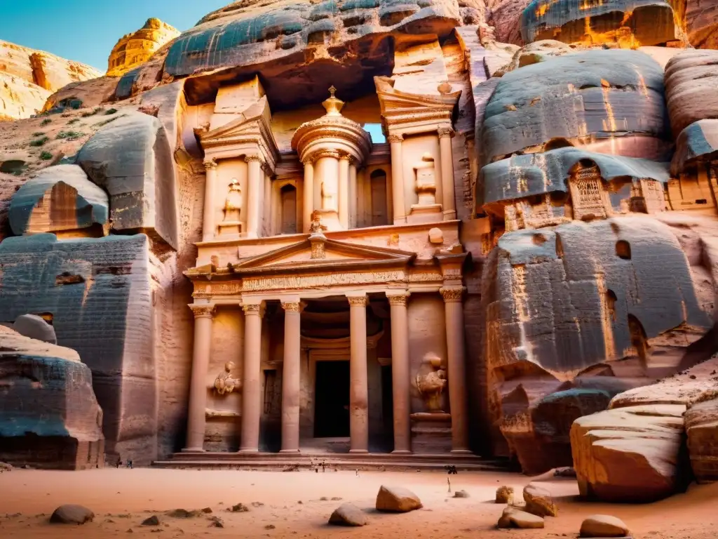 Detalle impresionante de AlKhazneh en Petra, Jordania, muestra la arquitectura nabatea y la fusión de estilos de Nabateo lengua antigua Arabia