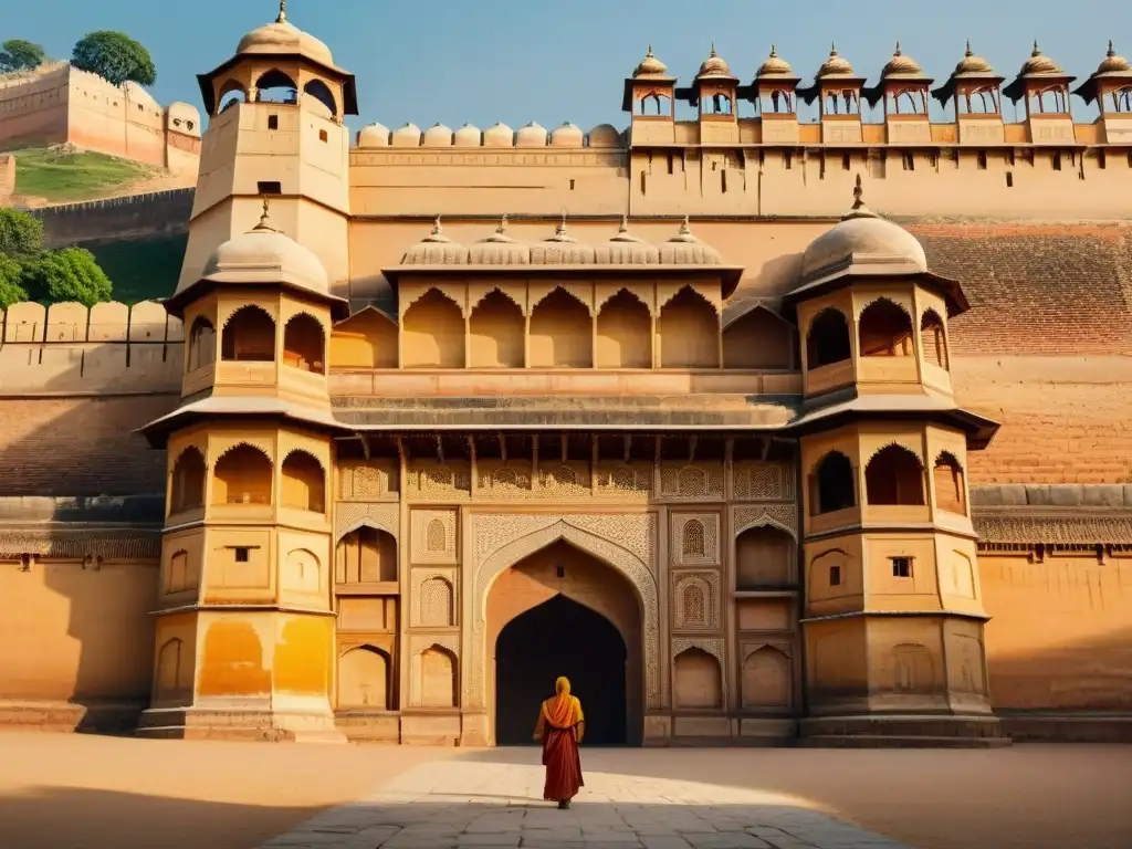 Detalle impresionante de las antiguas paredes del Fuerte Amber en India, evocando la misteriosa aura del lugar