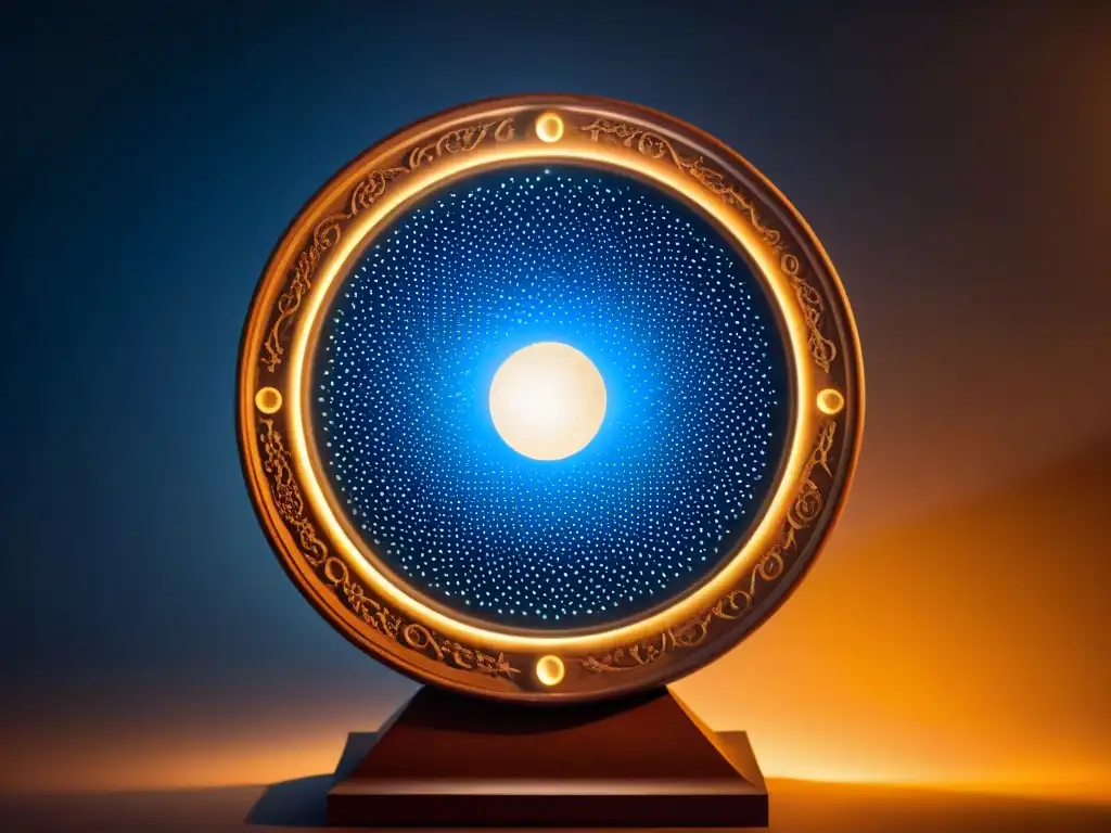 Detalle impresionante de un antiguo instrumento astronómico griego para observar eclipses, iluminado por velas