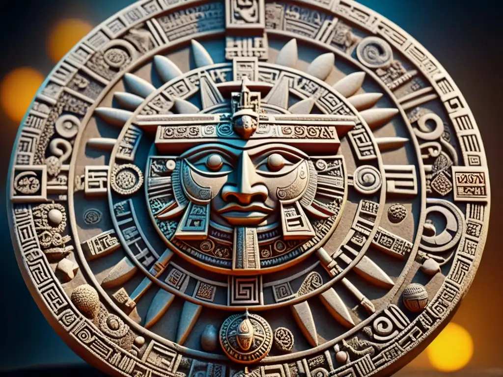 Detalle impresionante del calendario azteca, con símbolos del sol, luna y cuerpos celestes