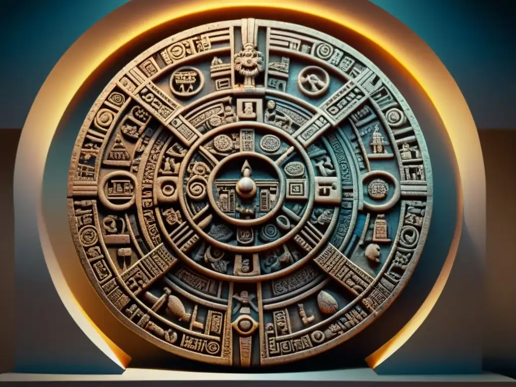 Detalle impresionante de un calendario maya esculpido en piedra, mostrando jeroglíficos y símbolos