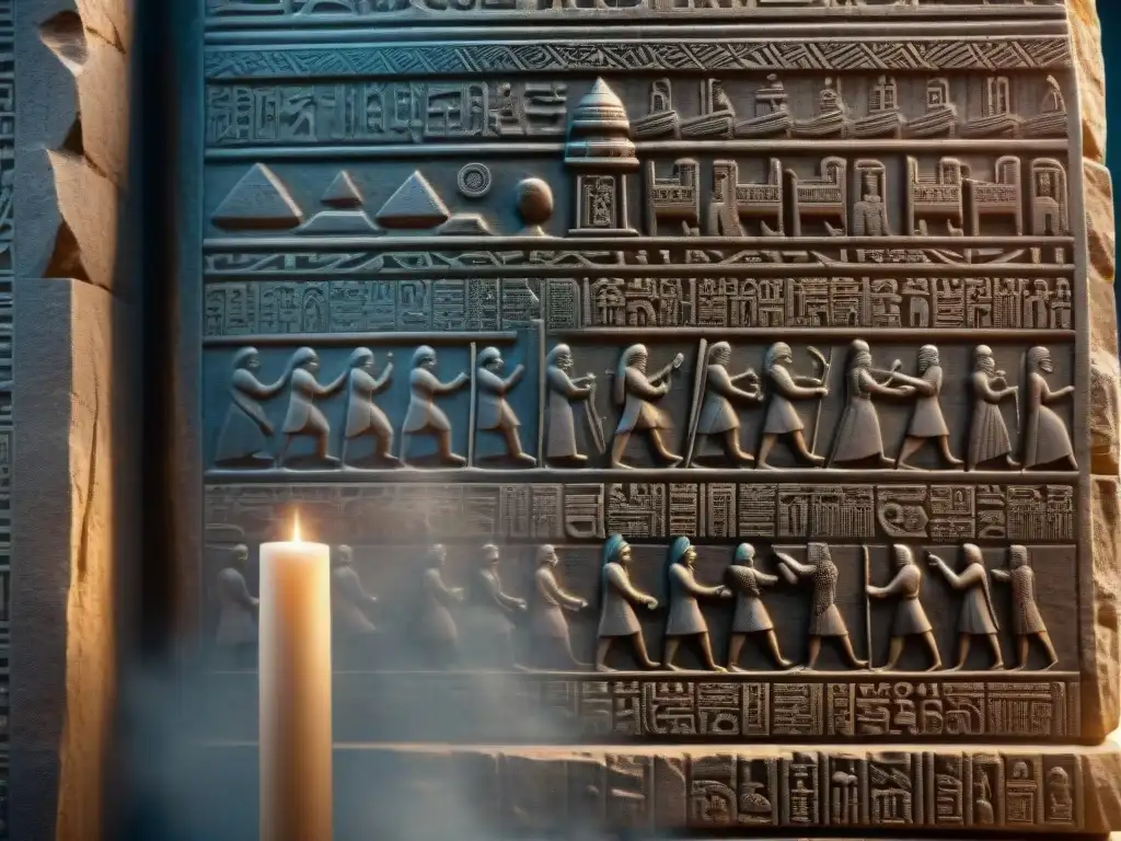 Detalle impresionante de las claves de justicia Hammurabi antiguo inscritas en la Estela, resaltando su riqueza cultural