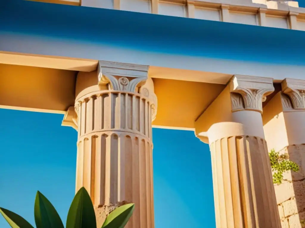 Detalle impresionante de una columna griega con elementos decorativos para templo griego, bajo el sol y el cielo azul