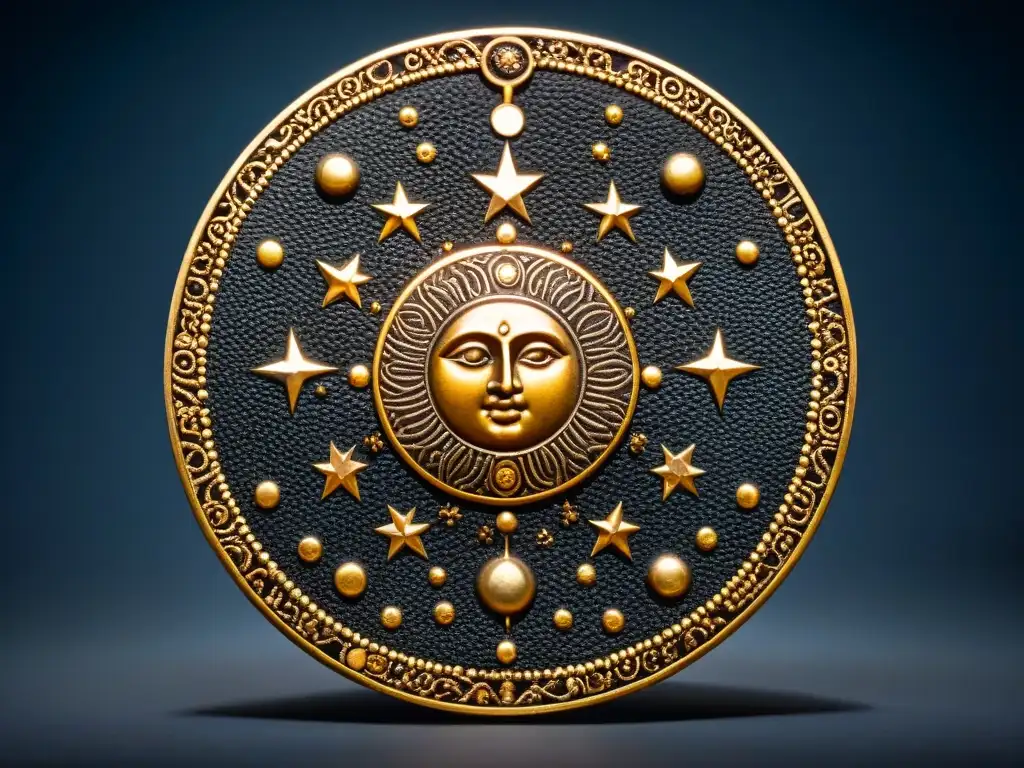 Detalle impresionante del Disco Celestial Nebra: un disco de bronce con apliques de oro representando sol, luna y estrellas en un fondo oscuro