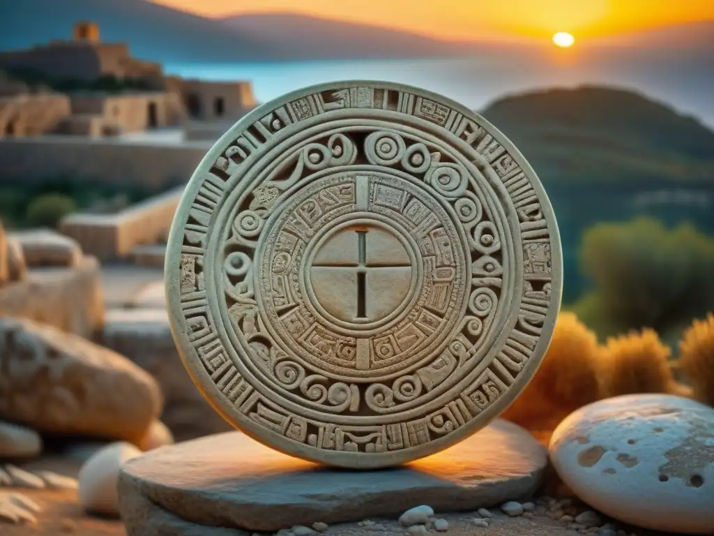 Disco de Phaistos: Misteriosas inscripciones en ruinas Minoicas Detalle impresionante del Disco de Festos en ruinas cretenses al atardecer