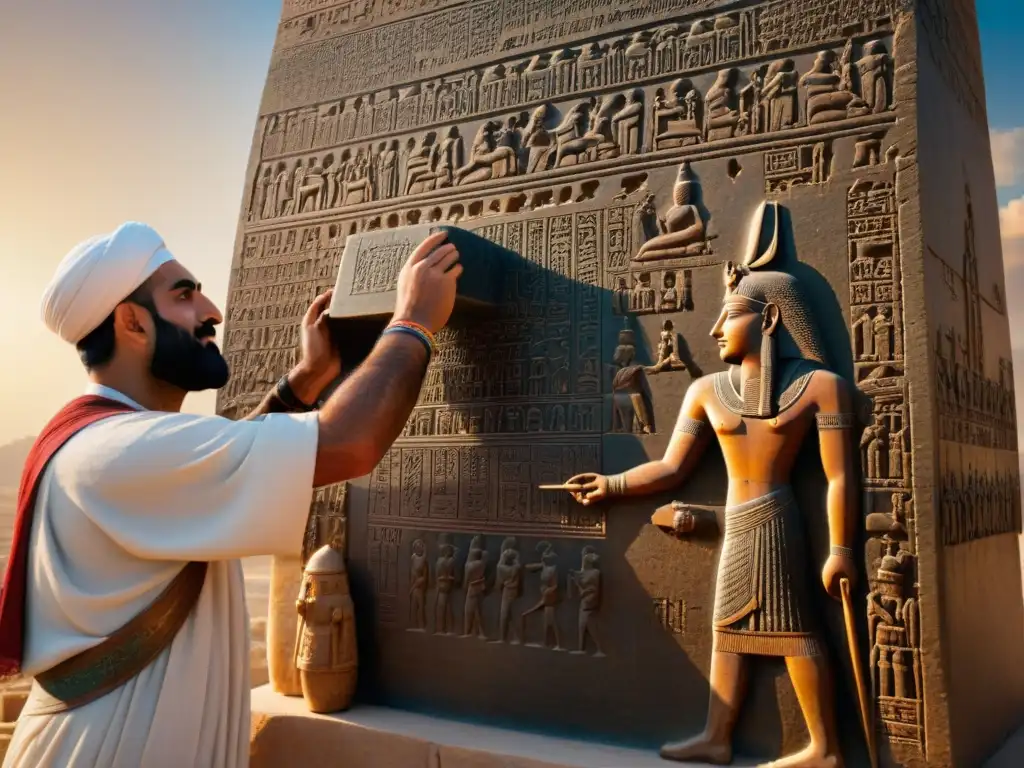 Detalle impresionante de la estela de Hammurabi iluminada por la luz cálida, mostrando la justicia de la Ley de Hammurabi en Mesopotamia