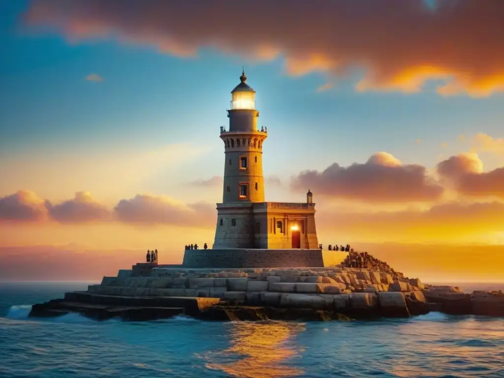 Detalle impresionante del Faro de Alejandría, destacando su grandiosa estructura y escenas marítimas, iluminado por un cálido atardecer