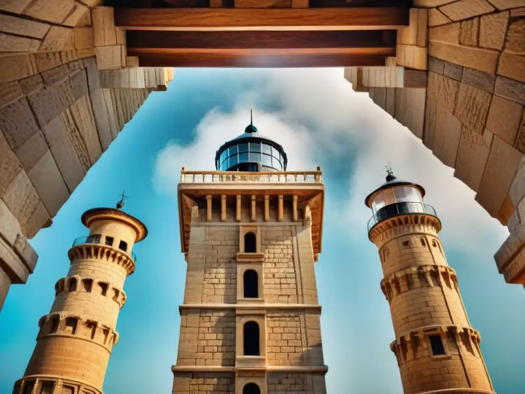 Detalle impresionante del Faro de Alejandría, mostrando la grandiosidad y la ingeniería de esta construcción histórica