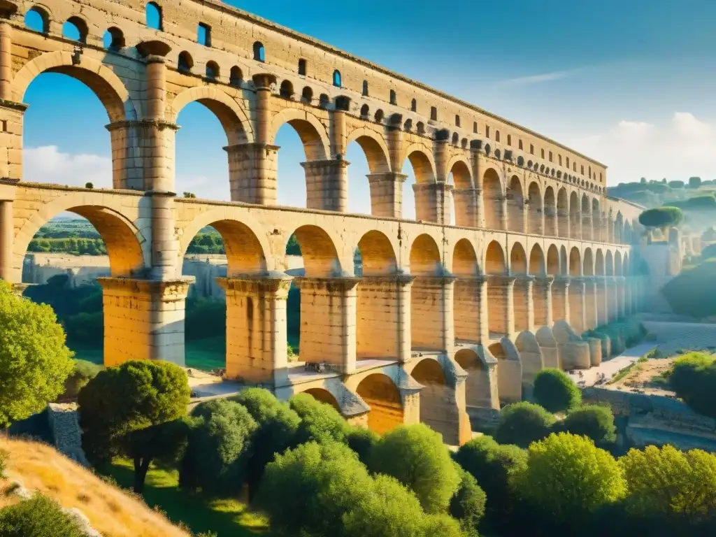 Detalle impresionante del icónico acueducto romano Pont du Gard en Francia, mostrando la maestría de la ingeniería hidráulica antigua