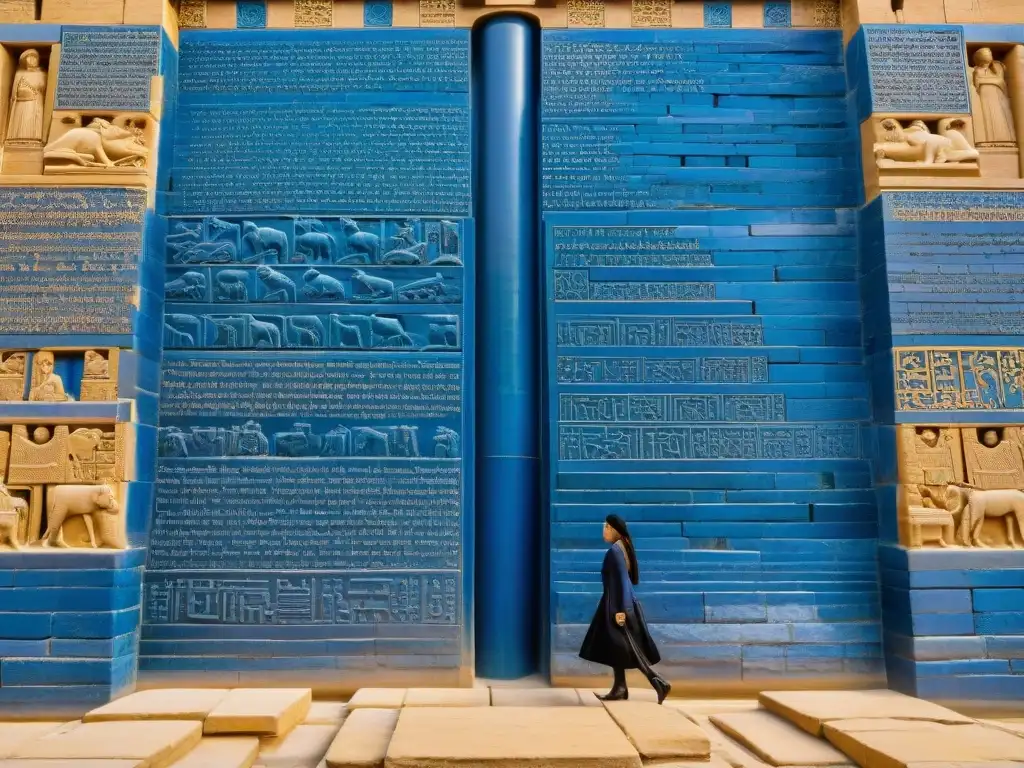 Detalle impresionante de las inscripciones y grabados en la Puerta de Ishtar en Babilonia, destacando los ladrillos azules bajo el sol mesopotámico